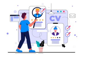 An illustration of a job seeker examining a CV with a maginfying glass