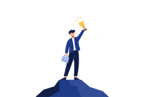 Successful businessman holding a trophy